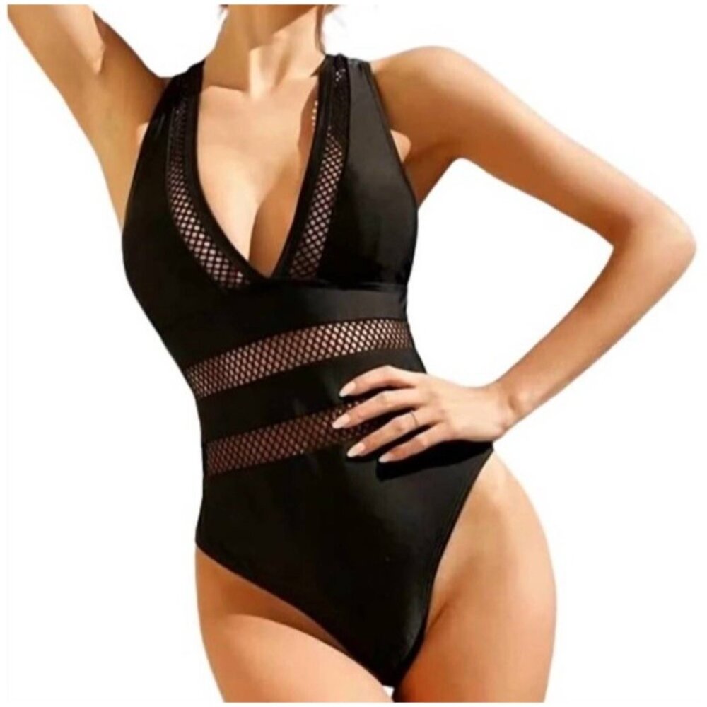Davi & Dani Black Laser Cut Out One Piece Plunging Neckline Swimsuit Size Medium